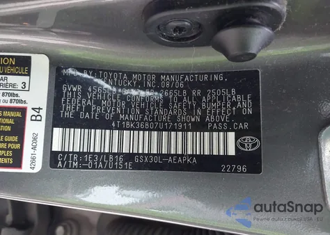 2007 Toyota Avalon Limited from USA, damaged, VIN 4T1BK36B07U171911